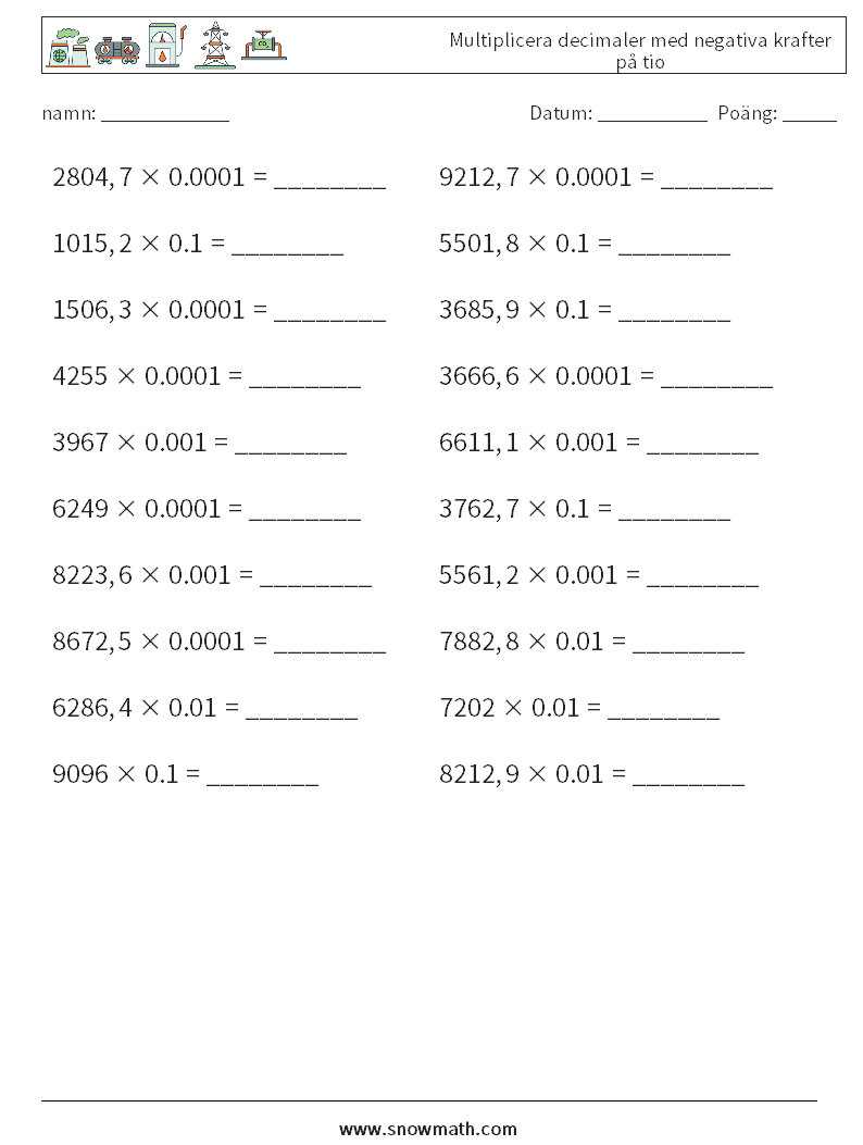Multiplicera decimaler med negativa krafter på tio Matematiska arbetsblad 8