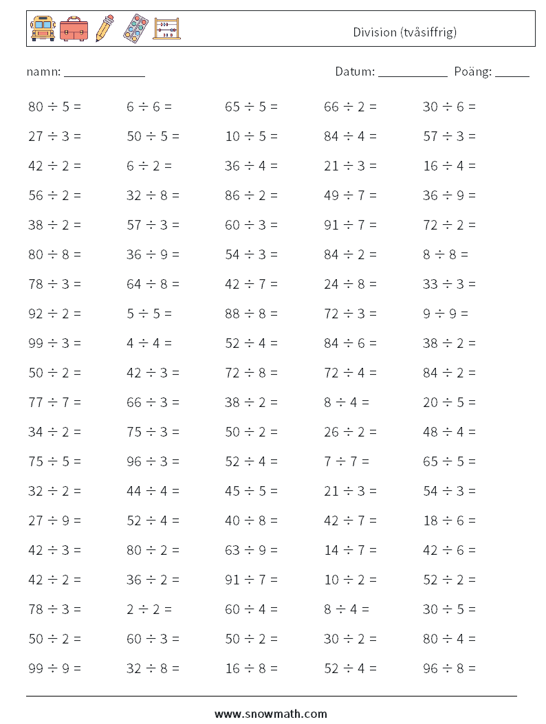 (100) division (tvåsiffrig) Matematiska arbetsblad, Matematikövning för ...