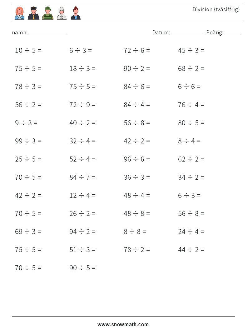 (50) Division (tvåsiffrig) Matematiska arbetsblad 3