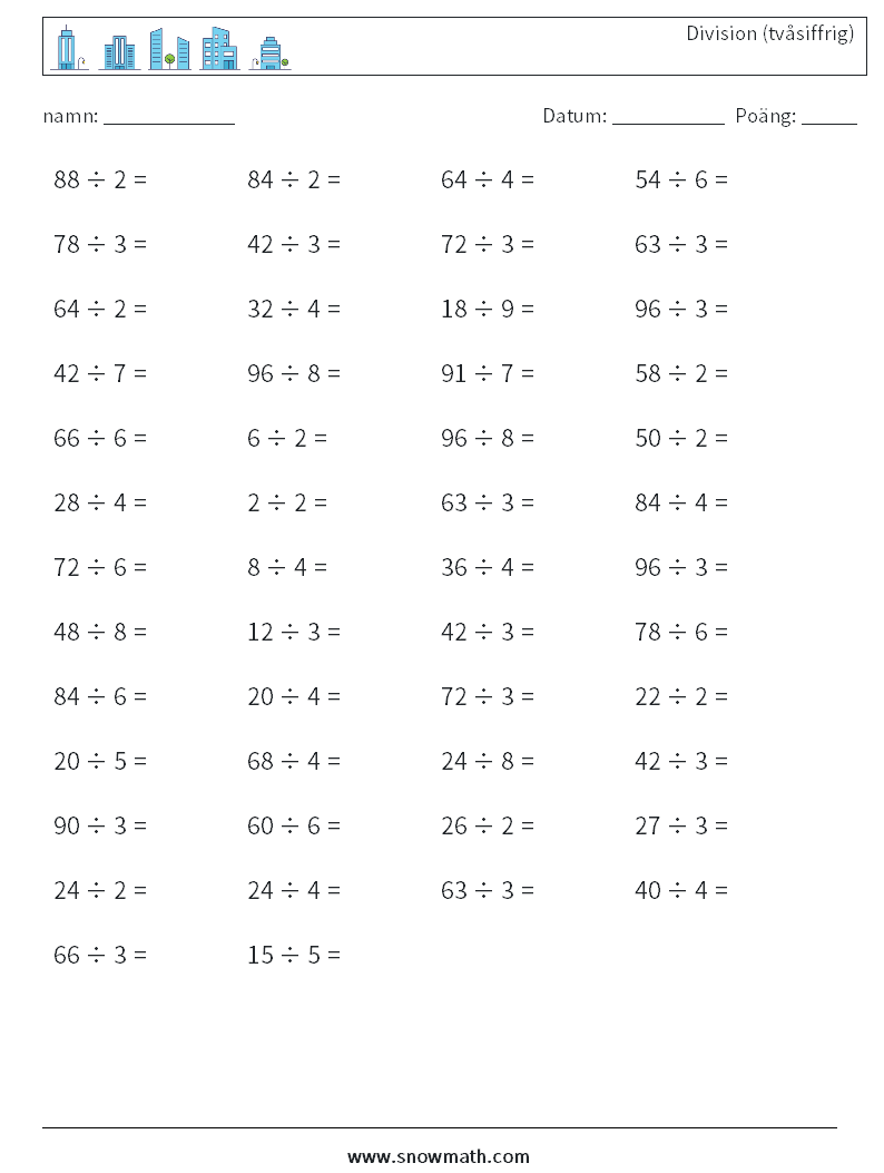 (50) Division (tvåsiffrig) Matematiska arbetsblad 4