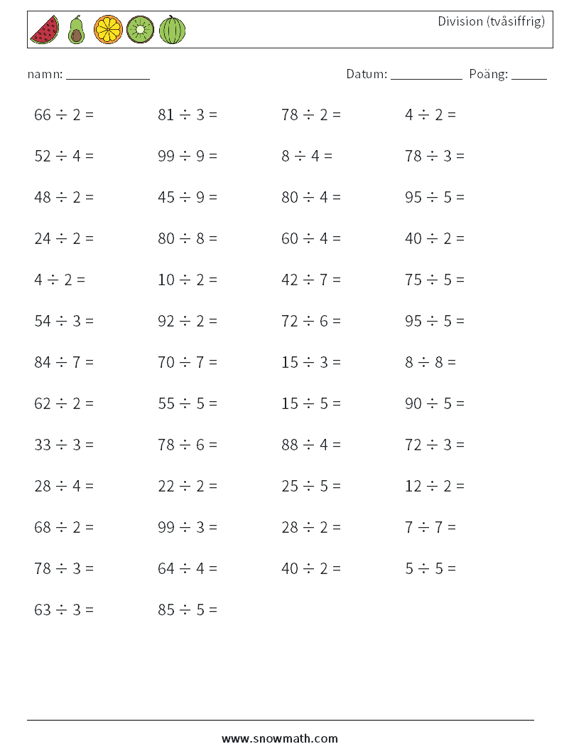 (50) Division (tvåsiffrig) Matematiska arbetsblad 8