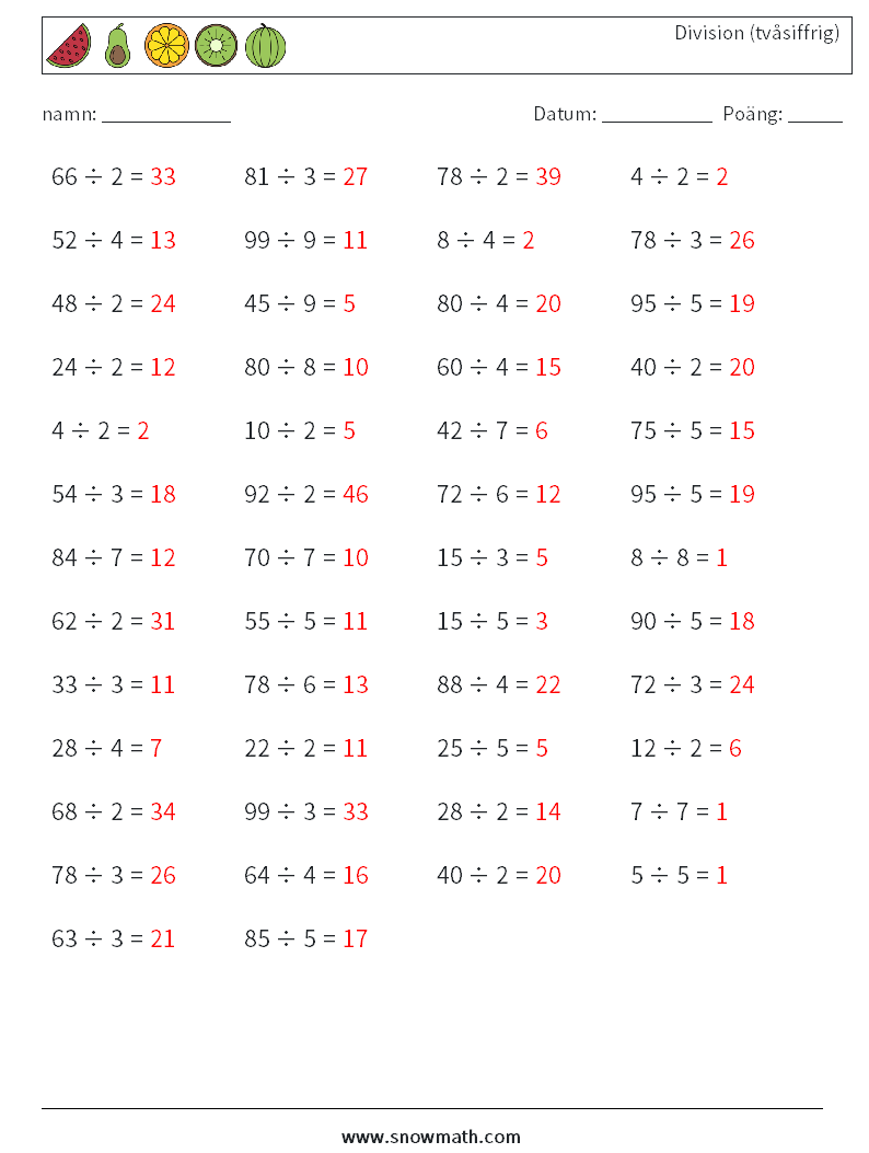 (50) Division (tvåsiffrig) Matematiska arbetsblad 8 Fråga, svar