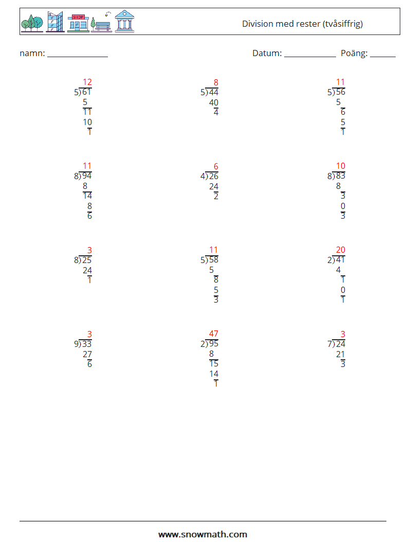 (12) Division med rester (tvåsiffrig) Matematiska arbetsblad 10 Fråga, svar