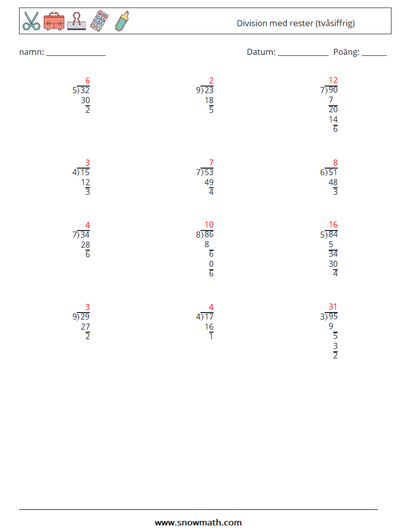 (12) Division med rester (tvåsiffrig) Matematiska arbetsblad 11 Fråga, svar