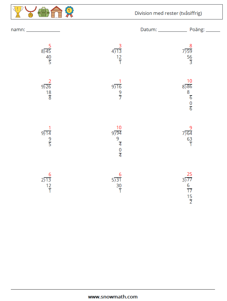 (12) Division med rester (tvåsiffrig) Matematiska arbetsblad 14 Fråga, svar