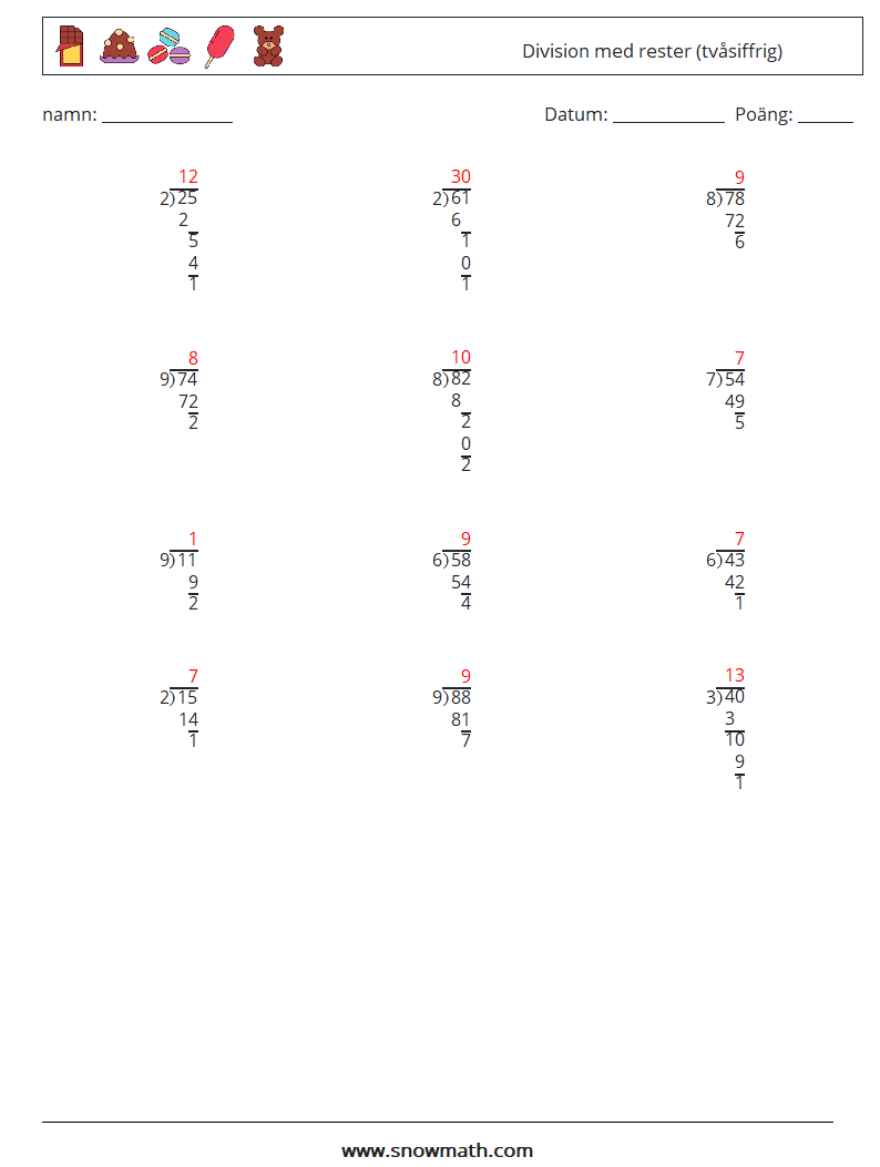 (12) Division med rester (tvåsiffrig) Matematiska arbetsblad 15 Fråga, svar