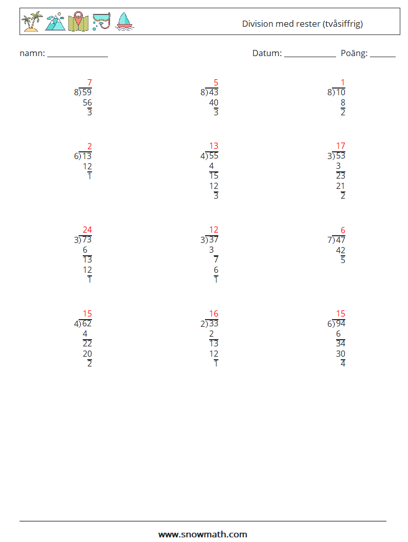 (12) Division med rester (tvåsiffrig) Matematiska arbetsblad 17 Fråga, svar