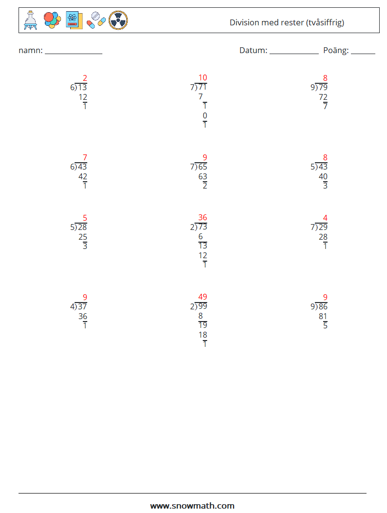 (12) Division med rester (tvåsiffrig) Matematiska arbetsblad 18 Fråga, svar