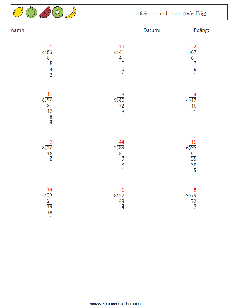 (12) Division med rester (tvåsiffrig) Matematiska arbetsblad 1 Fråga, svar