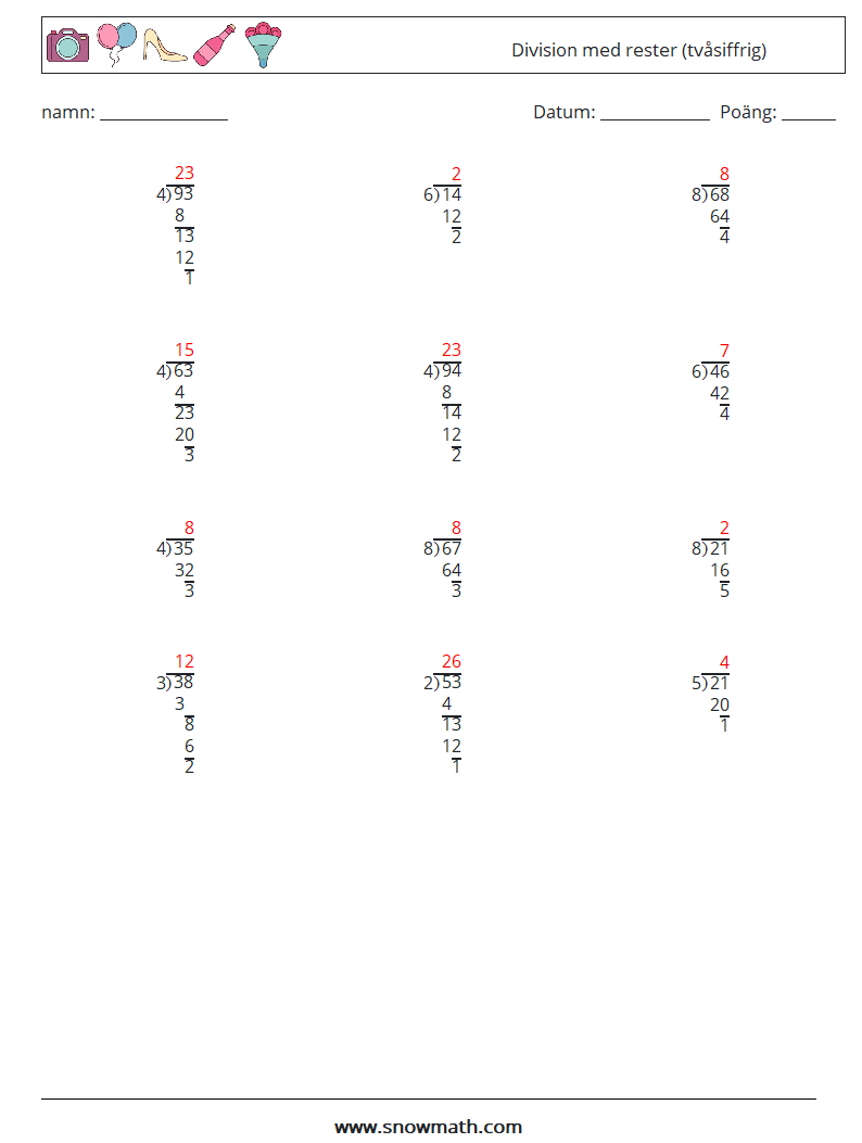 (12) Division med rester (tvåsiffrig) Matematiska arbetsblad 2 Fråga, svar