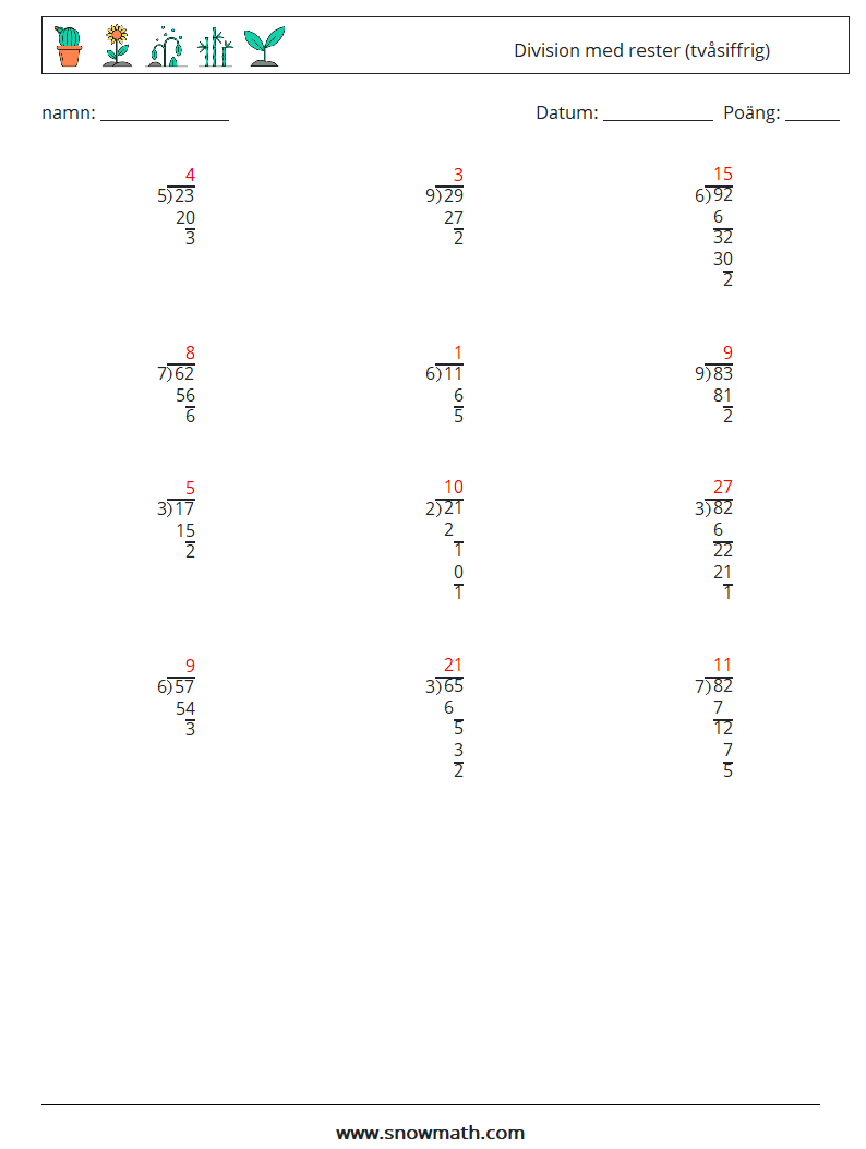 (12) Division med rester (tvåsiffrig) Matematiska arbetsblad 3 Fråga, svar