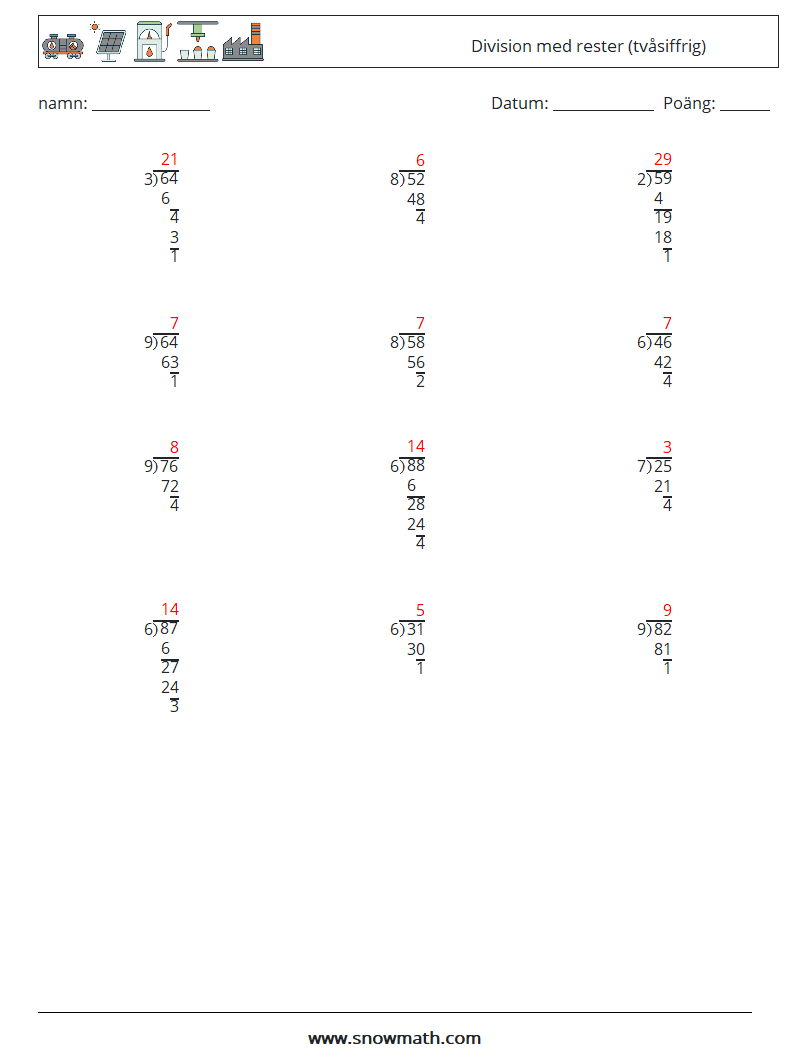(12) Division med rester (tvåsiffrig) Matematiska arbetsblad 4 Fråga, svar