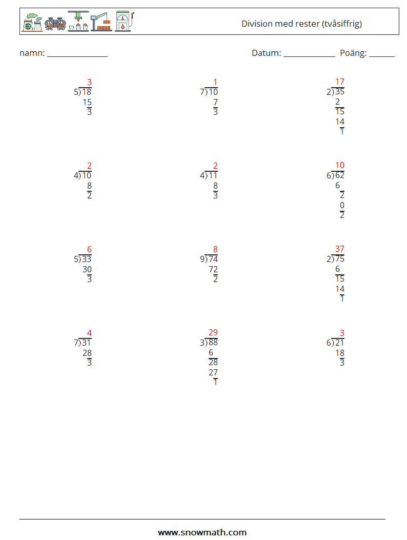 (12) Division med rester (tvåsiffrig) Matematiska arbetsblad 6 Fråga, svar