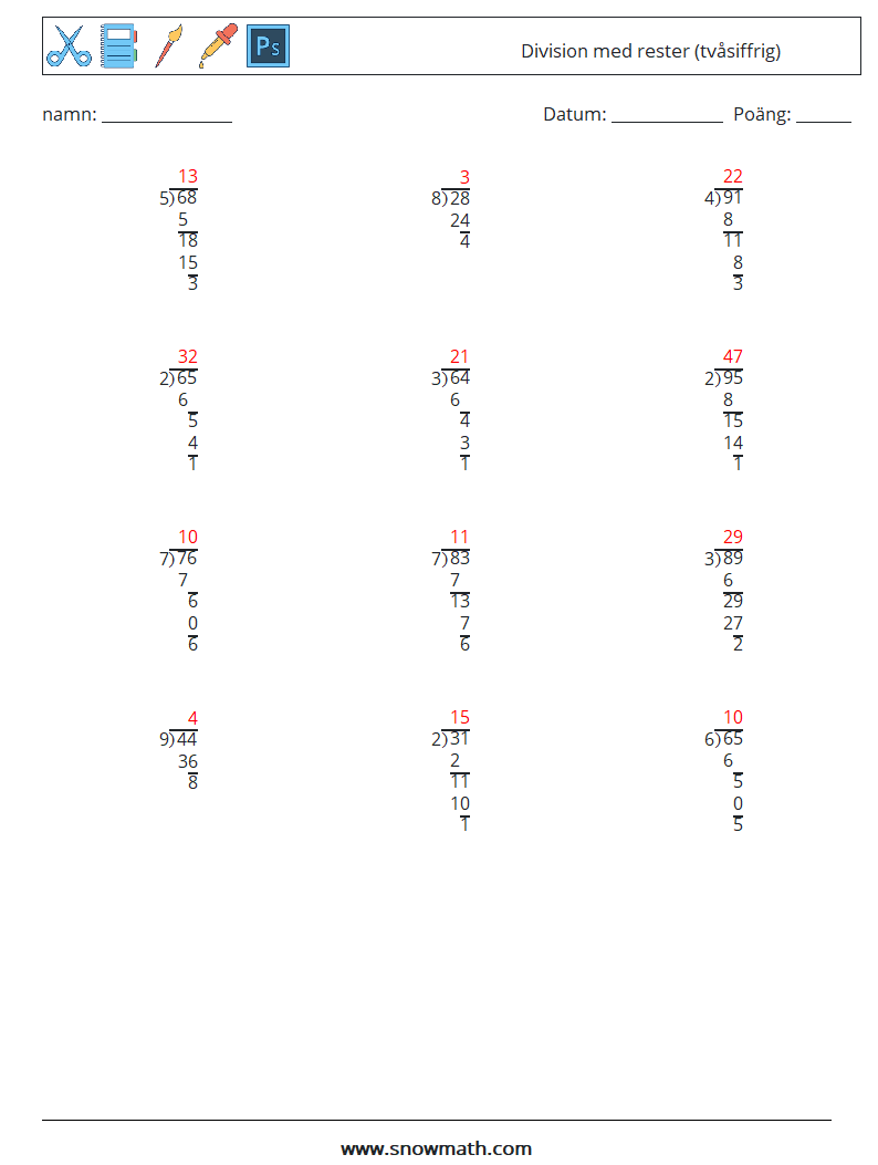(12) Division med rester (tvåsiffrig) Matematiska arbetsblad 9 Fråga, svar