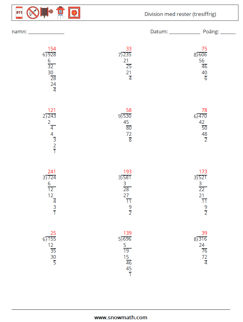 (12) Division med rester (tresiffrig) Matematiska arbetsblad 10 Fråga, svar