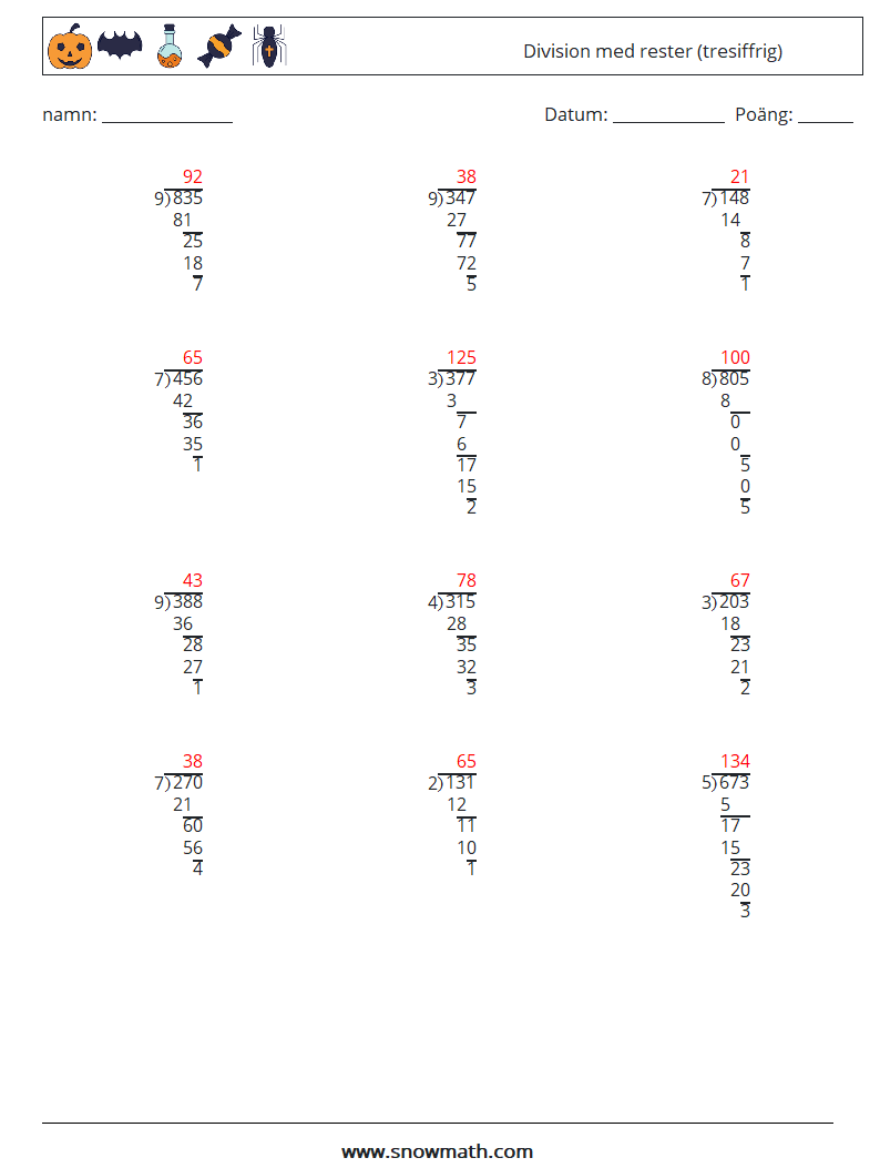 (12) Division med rester (tresiffrig) Matematiska arbetsblad 12 Fråga, svar