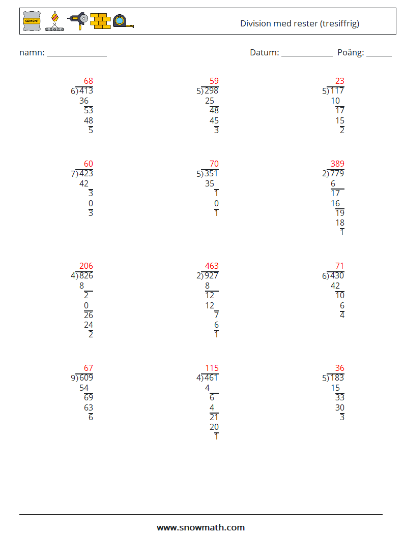 (12) Division med rester (tresiffrig) Matematiska arbetsblad 15 Fråga, svar