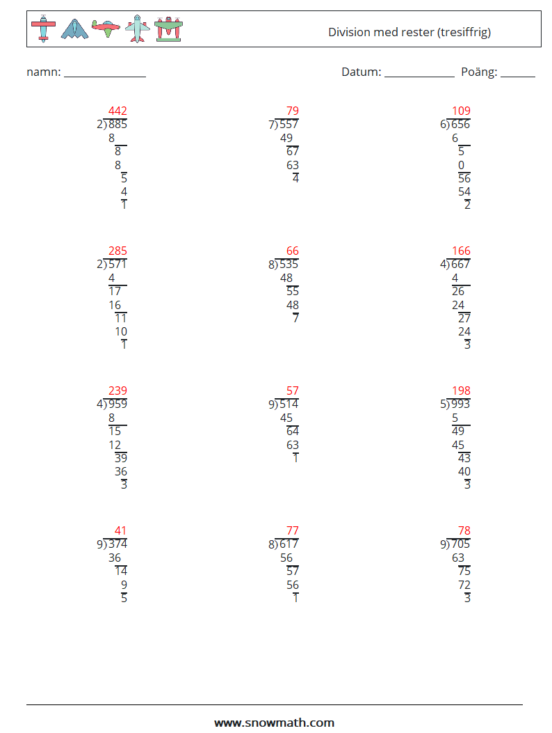 (12) Division med rester (tresiffrig) Matematiska arbetsblad 17 Fråga, svar