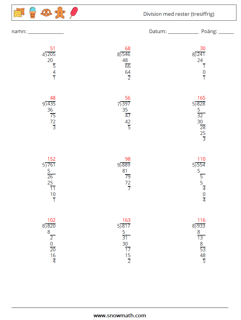 (12) Division med rester (tresiffrig) Matematiska arbetsblad 18 Fråga, svar