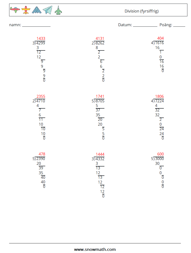 (9) Division (fyrsiffrig) Matematiska arbetsblad 11 Fråga, svar