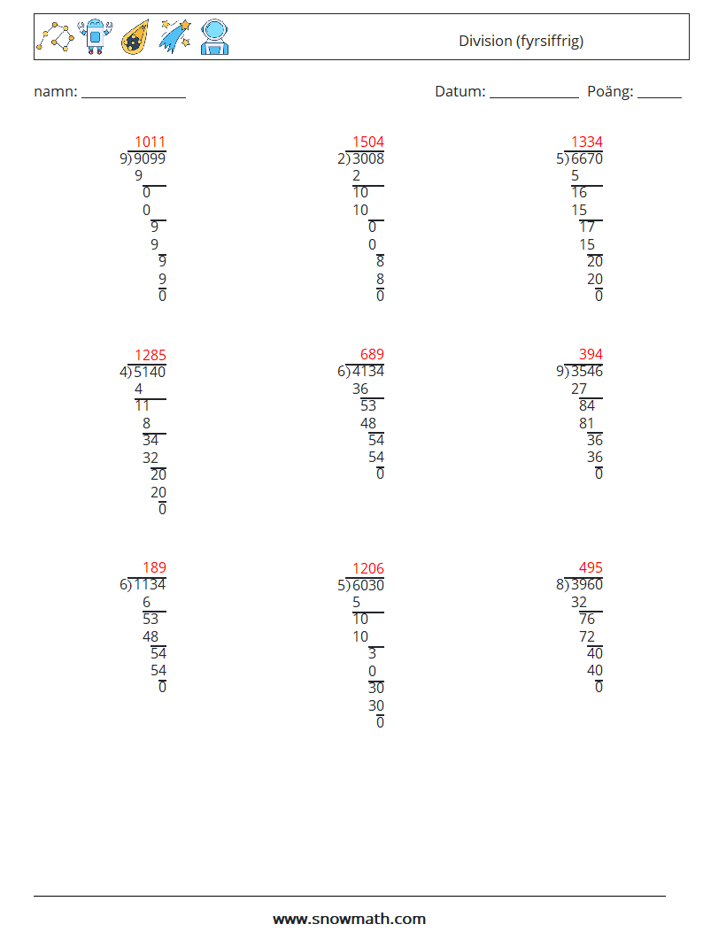 (9) Division (fyrsiffrig) Matematiska arbetsblad 17 Fråga, svar