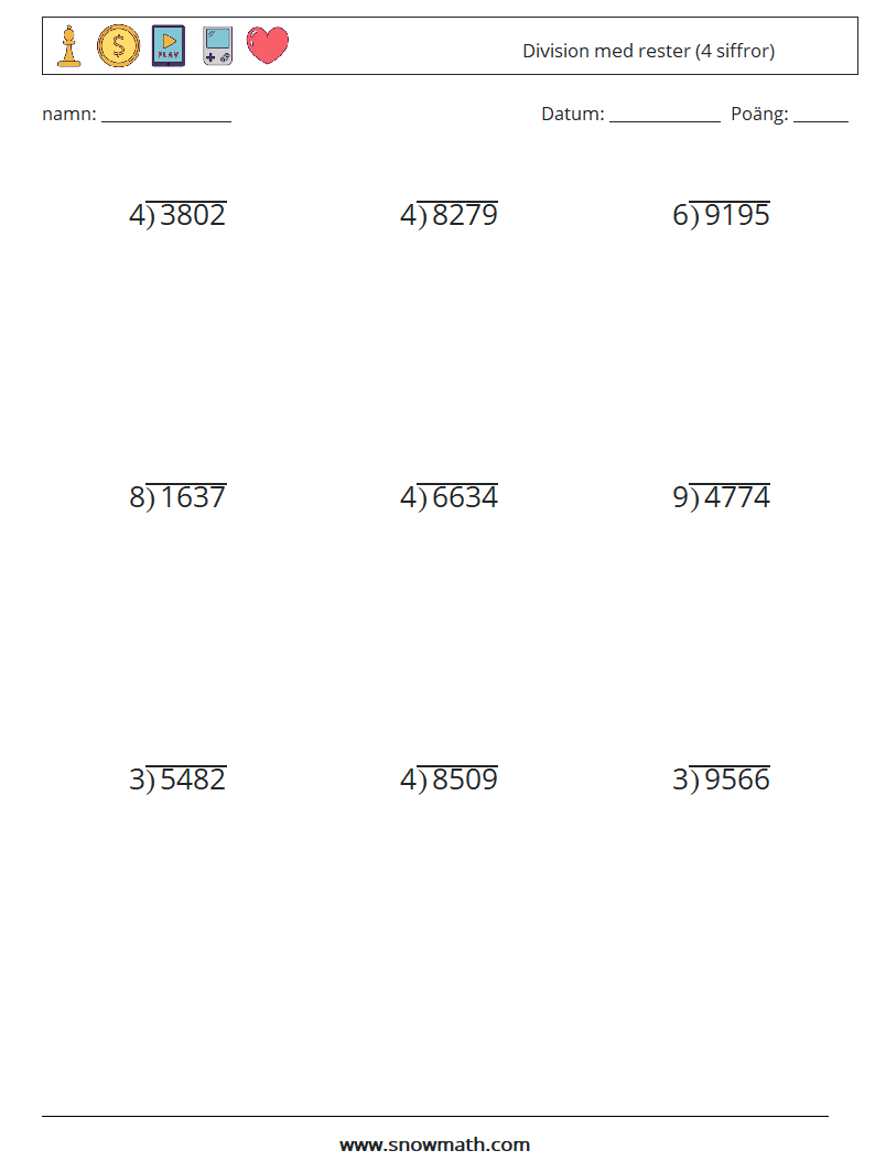 (9) Division med rester (4 siffror) Matematiska arbetsblad 1