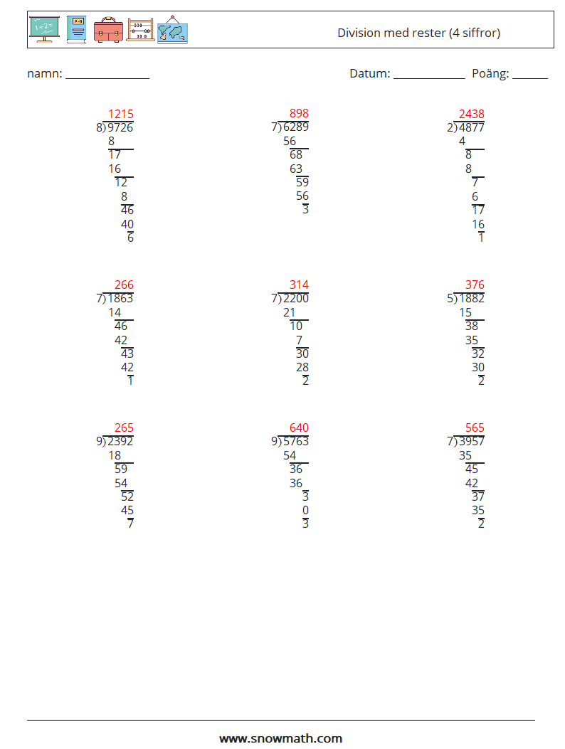 (9) Division med rester (4 siffror) Matematiska arbetsblad 10 Fråga, svar
