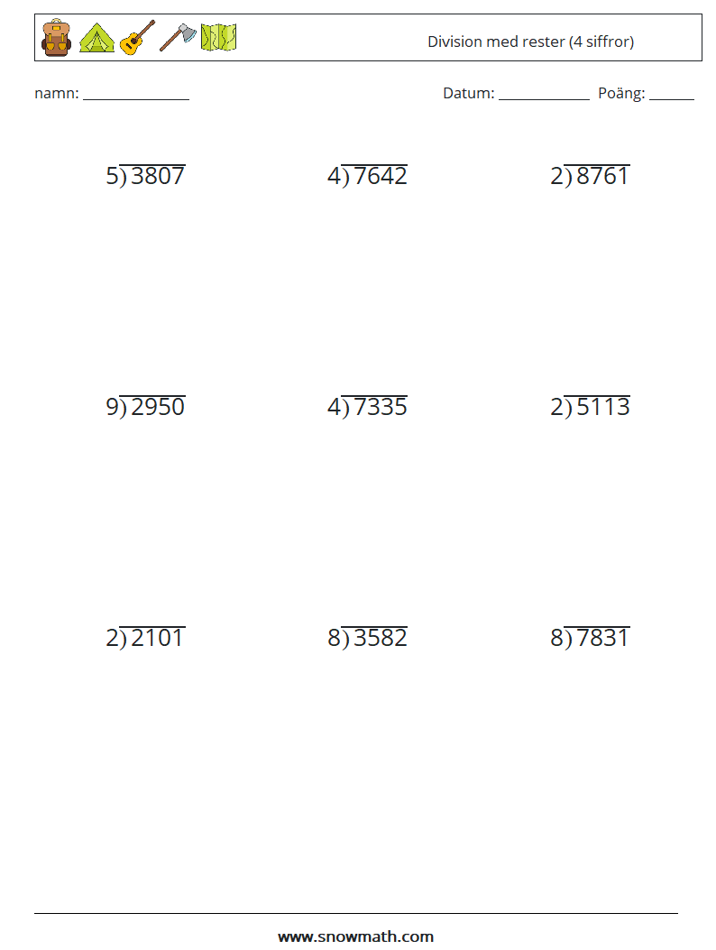 (9) Division med rester (4 siffror) Matematiska arbetsblad 12