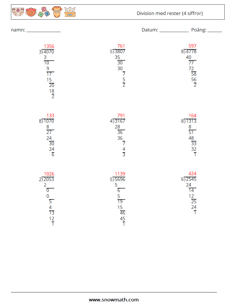 (9) Division med rester (4 siffror) Matematiska arbetsblad 13 Fråga, svar