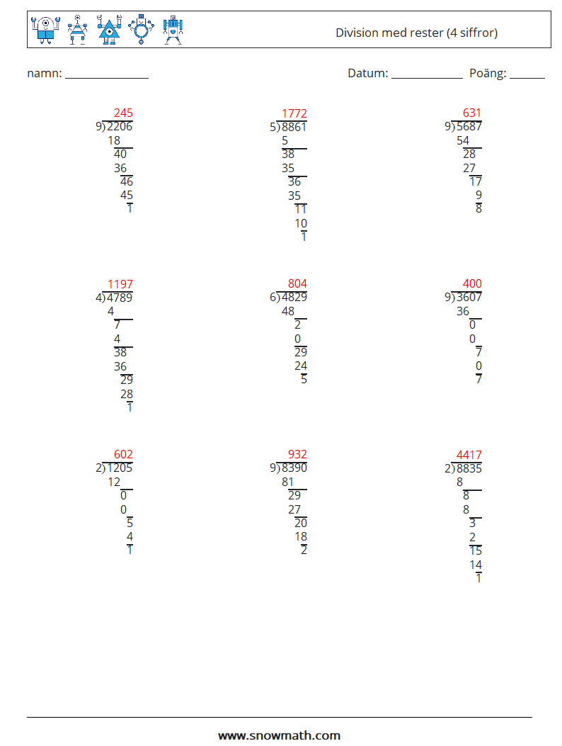 (9) Division med rester (4 siffror) Matematiska arbetsblad 14 Fråga, svar