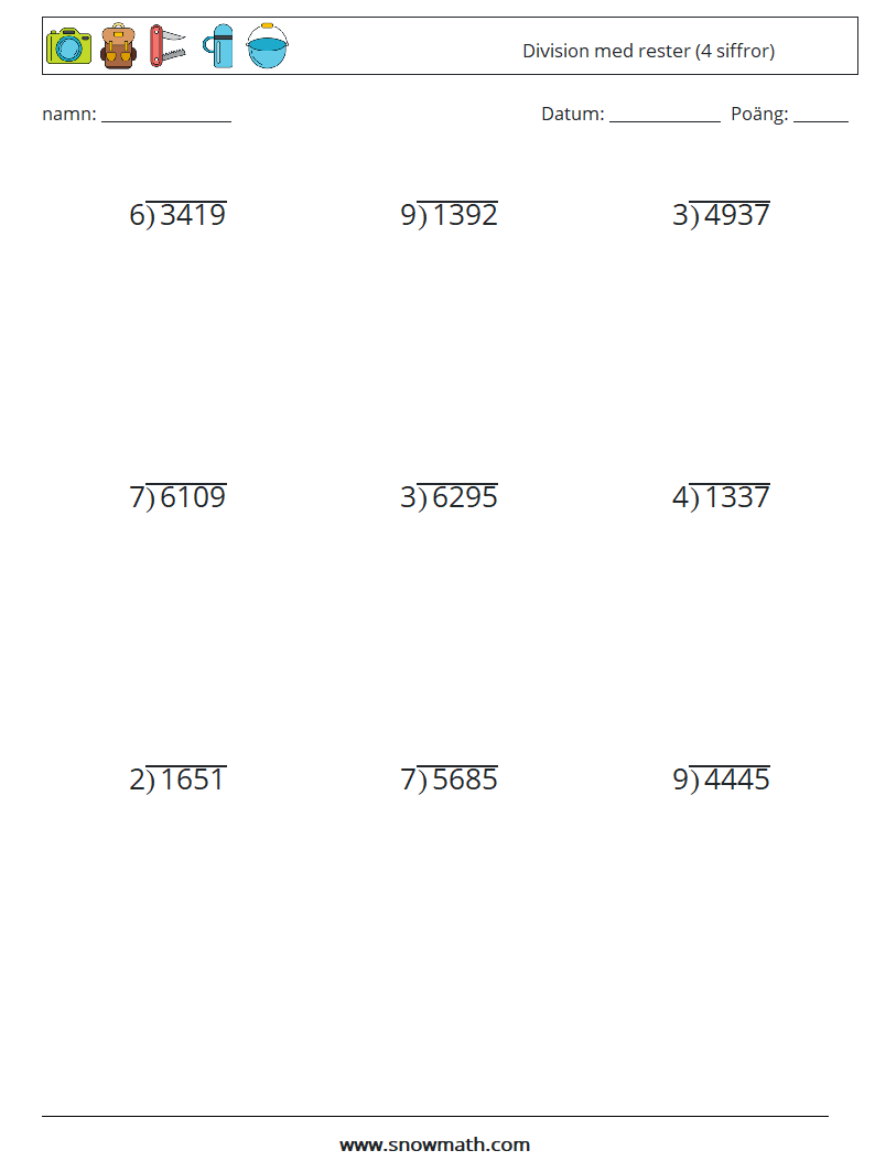 (9) Division med rester (4 siffror) Matematiska arbetsblad 17