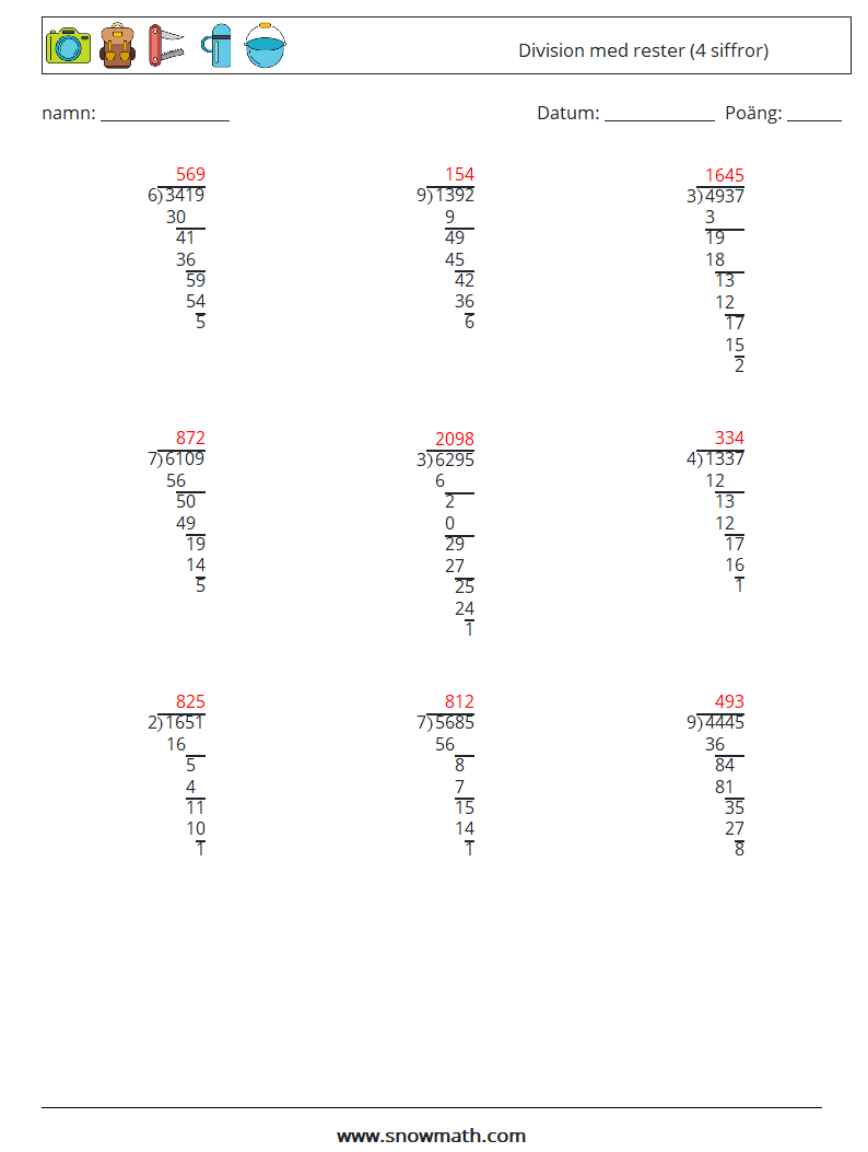 (9) Division med rester (4 siffror) Matematiska arbetsblad 17 Fråga, svar