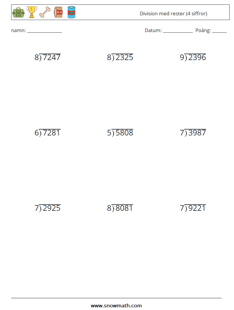 (9) Division med rester (4 siffror) Matematiska arbetsblad 2