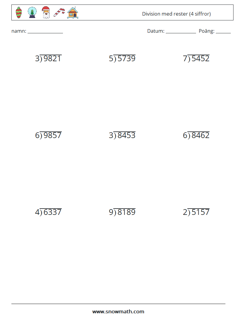 (9) Division med rester (4 siffror) Matematiska arbetsblad 6