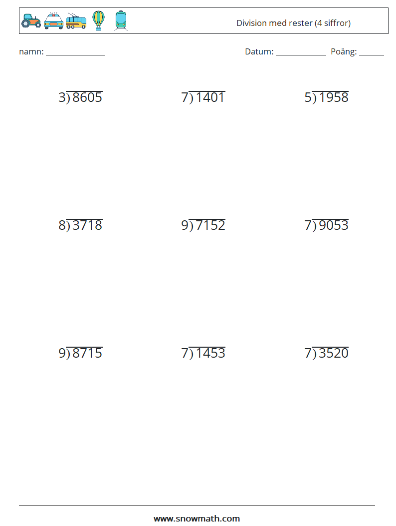 (9) Division med rester (4 siffror) Matematiska arbetsblad 7