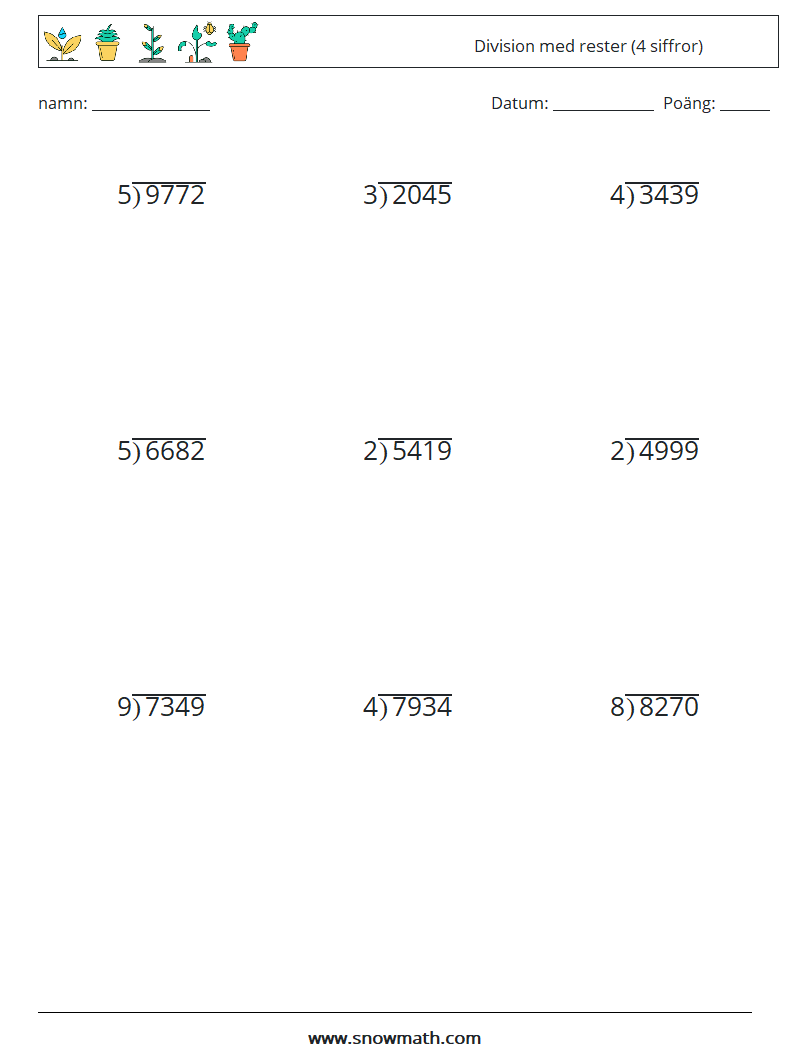(9) Division med rester (4 siffror) Matematiska arbetsblad 9