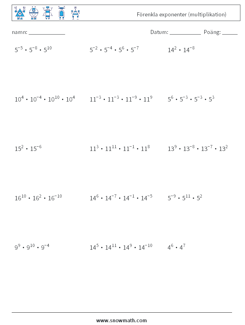 Förenkla exponenter (multiplikation) Matematiska arbetsblad 1