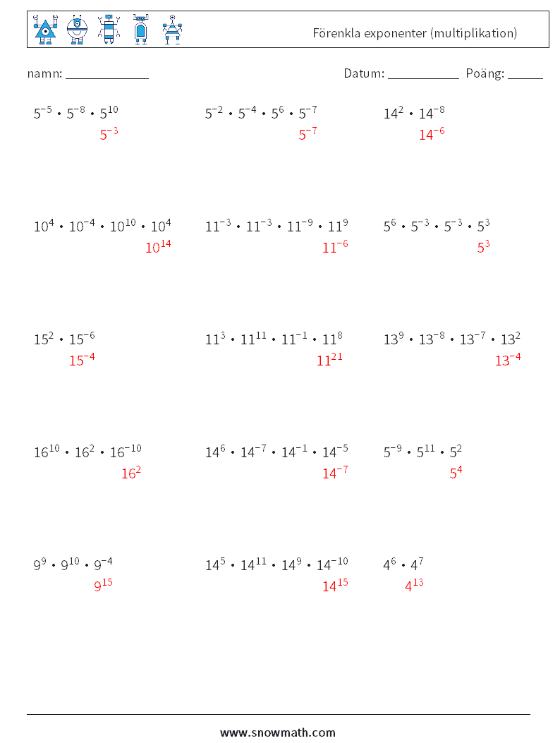 Förenkla exponenter (multiplikation) Matematiska arbetsblad 1 Fråga, svar