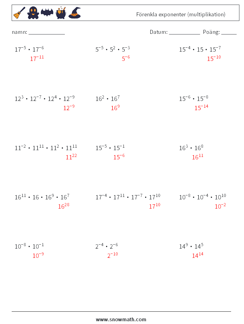 Förenkla exponenter (multiplikation) Matematiska arbetsblad 2 Fråga, svar