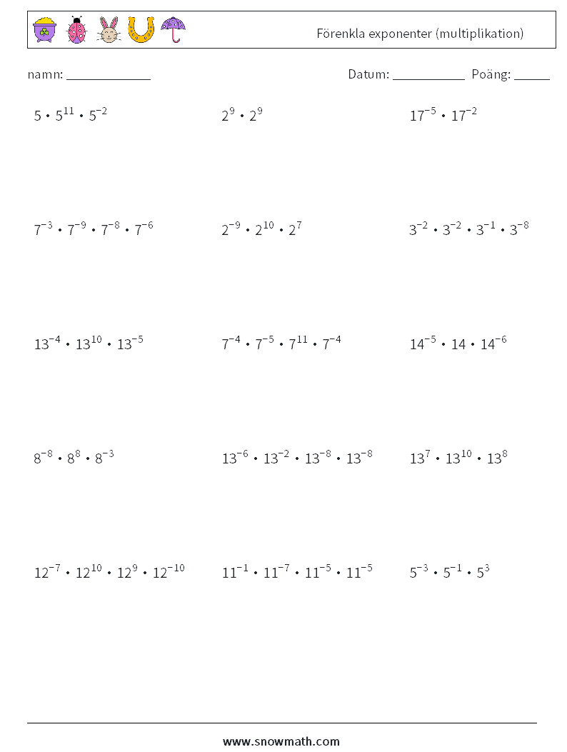 Förenkla exponenter (multiplikation) Matematiska arbetsblad 3