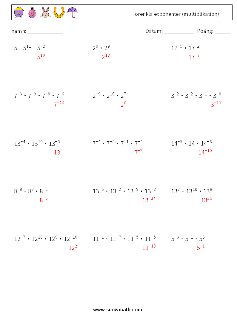 Förenkla exponenter (multiplikation) Matematiska arbetsblad 3 Fråga, svar