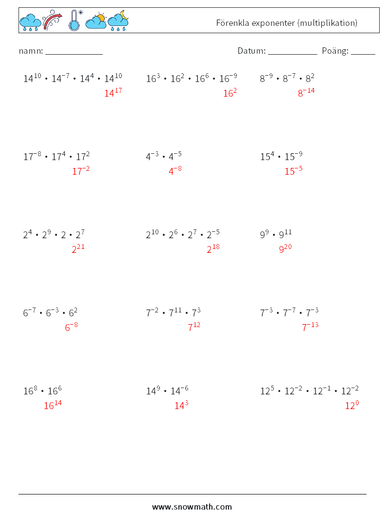 Förenkla exponenter (multiplikation) Matematiska arbetsblad 4 Fråga, svar