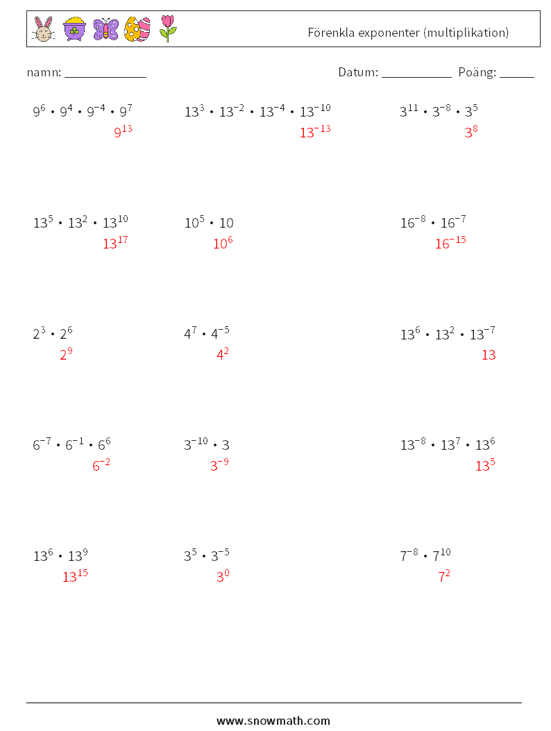Förenkla exponenter (multiplikation) Matematiska arbetsblad 5 Fråga, svar