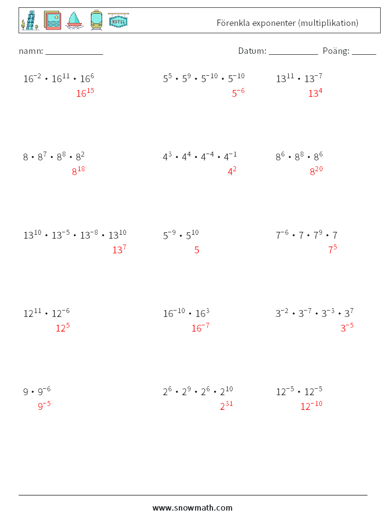 Förenkla exponenter (multiplikation) Matematiska arbetsblad 6 Fråga, svar
