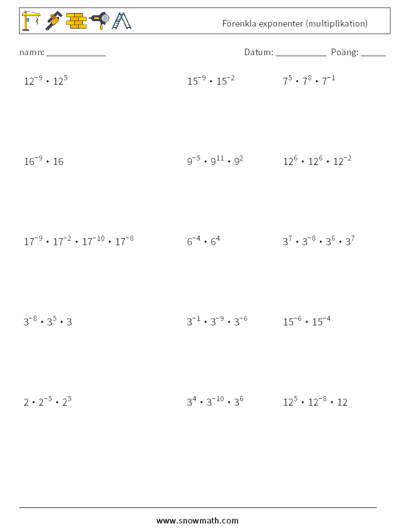 Förenkla exponenter (multiplikation) Matematiska arbetsblad 7