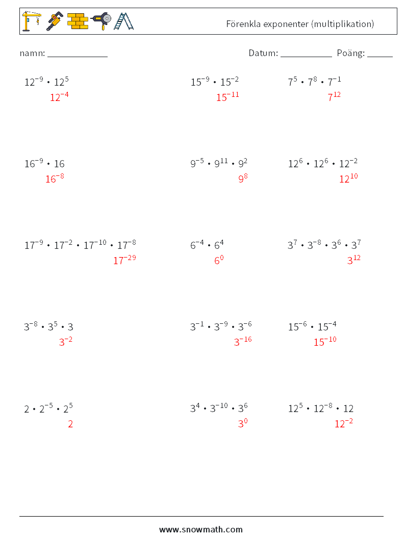Förenkla exponenter (multiplikation) Matematiska arbetsblad 7 Fråga, svar