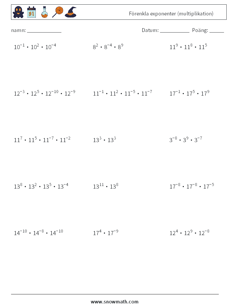 Förenkla exponenter (multiplikation) Matematiska arbetsblad 8