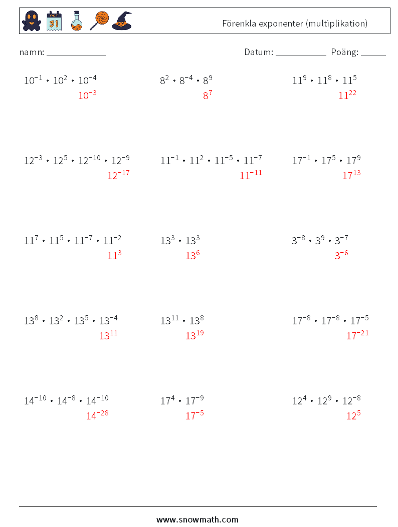 Förenkla exponenter (multiplikation) Matematiska arbetsblad 8 Fråga, svar