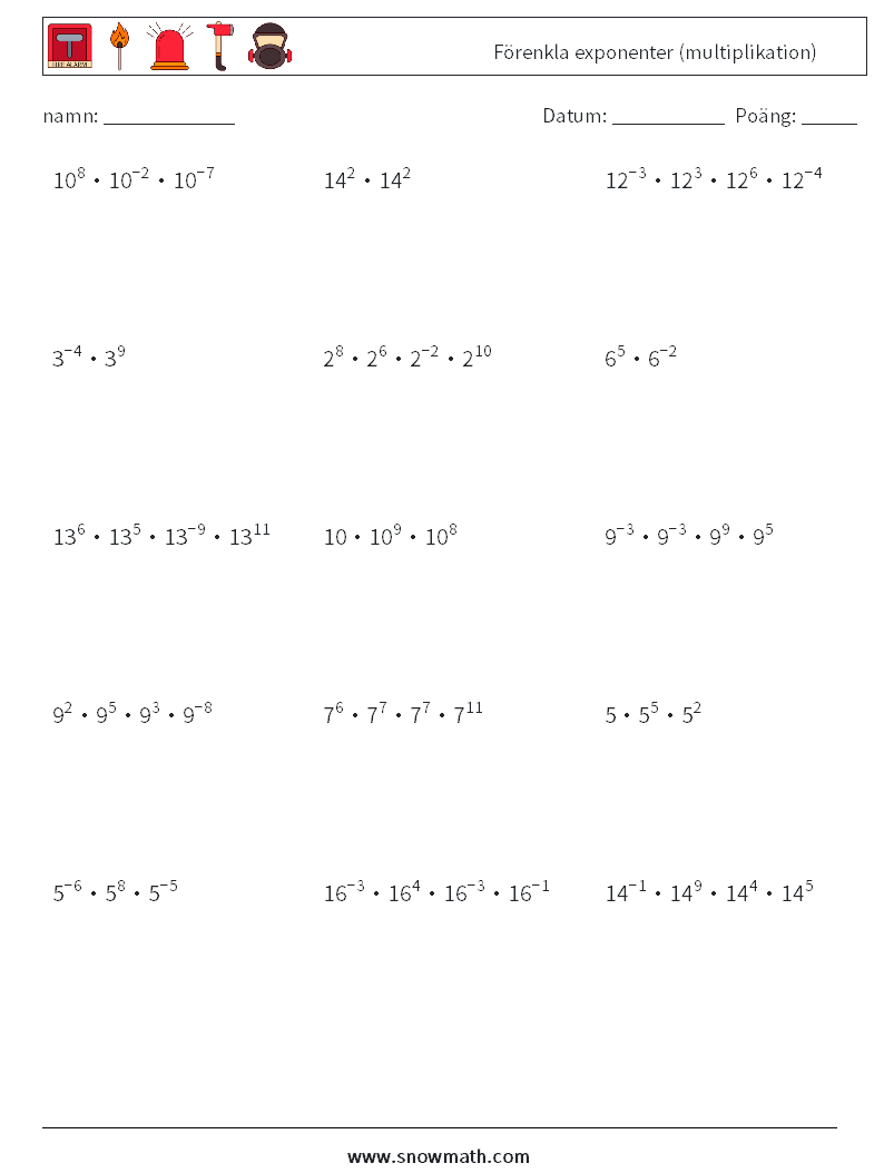 Förenkla exponenter (multiplikation) Matematiska arbetsblad 9