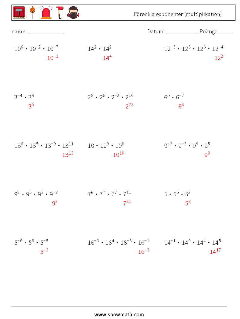 Förenkla exponenter (multiplikation) Matematiska arbetsblad 9 Fråga, svar